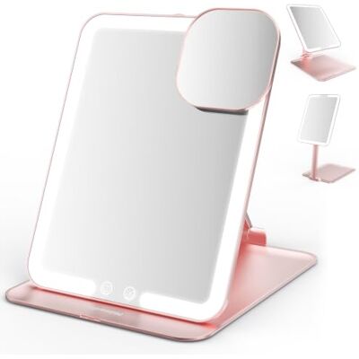 Mocado Kosmetikspiegel mit Beleuchtung, Faltbar Tischspiegel 180°drehbar Wiederaufladbarer Reisespiegel und 10X Vergrößerung, 3 Lichtfarben, Touch-Dimmer, Speicherfunktion(Roségold) Mocado Kosmetikspiegel mit Beleuchtung, Faltbar Tischspiegel 180°drehbar Wiederaufladbarer Reisespiegel und 10X Vergrößerung, 3 Lichtfarben, Touch-Dimmer, Speicherfunktion(Roségold)
