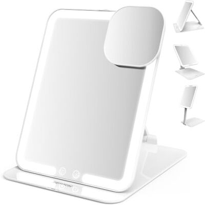 Mocado Kosmetikspiegel mit Beleuchtung, Faltbar Tischspiegel 180°drehbar Wiederaufladbarer Reisespiegel und 10X Vergrößerung, 3 Lichtfarben, Touch-Dimmer, Speicherfunktion(Weiß) Mocado Kosmetikspiegel mit Beleuchtung, Faltbar Tischspiegel 180°drehbar Wiederaufladbarer Reisespiegel und 10X Vergrößerung, 3 Lichtfarben, Touch-Dimmer, Speicherfunktion(Weiß)
