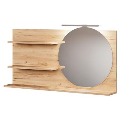 Vicco Spiegelregal Avena, Eiche, 100 x 50 cm LED-Beleuchtung · 3 Ablagefächer · Spiegel mit Ablagen · Runder Spiegel · Platz für Badaccessoires Vicco Spiegelregal Avena, Eiche, 100 x 50 cm LED-Beleuchtung · 3 Ablagefächer · Spiegel mit Ablagen · Runder Spiegel · Platz für Badaccessoires