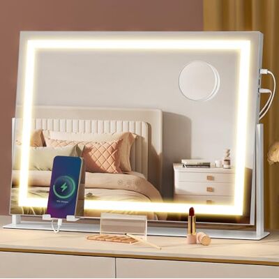 SONGMICS Schminkspiegel mit Beleuchtung, 58 x 43 cm, Kosmetikspiegel mit 15 LED-Glühbirnen, mit Ladeanschlüssen, Touch-Steuerung, 3 Lichtfarben, dimmbar, Handyhalter, mattweiß LWM002W02 SONGMICS Schminkspiegel mit Beleuchtung, 58 x 43 cm, Kosmetikspiegel mit 15 LED-Glühbirnen, mit Ladeanschlüssen, Touch-Steuerung, 3 Lichtfarben, dimmbar, Handyhalter, mattweiß LWM002W02