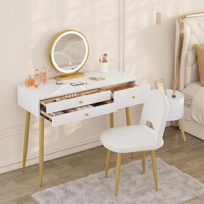 WOLTU Schminktisch mit Beleuchtung, Spiegel, Samthocker, einfache Montage 3 Lichtfarben, 3 Massivholz-Schubladen und Unterteilungen, Moderner Frisiertisch für Schlafzimmer, Hochglanz Weiß-Gold WOLTU Schminktisch mit Beleuchtung, Spiegel, Samthocker, einfache Montage 3 Lichtfarben, 3 Massivholz-Schubladen und Unterteilungen, Moderner Frisiertisch für Schlafzimmer, Hochglanz Weiß-Gold