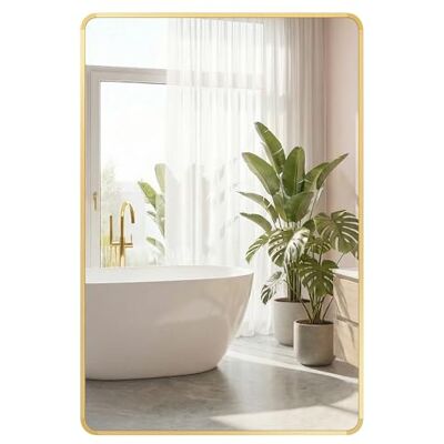 SONGMICS Spiegel für Bad, Wandspiegel, rechteckiger Spiegel, Aluminiumrahmen, 91 x 61 cm, mit Sicherheitsfolie, 2 Aufhängemöglichkeiten, für Wohn-, Schlaf- und Badezimmer, blassgold LWM010AB01 SONGMICS Spiegel für Bad, Wandspiegel, rechteckiger Spiegel, Aluminiumrahmen, 91 x 61 cm, mit Sicherheitsfolie, 2 Aufhängemöglichkeiten, für Wohn-, Schlaf- und Badezimmer, blassgold LWM010AB01