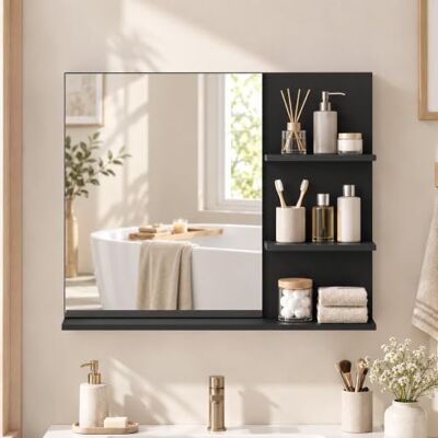 kleankin Badezimmerspiegel zur Wandmontage mit 3 Ablagen, Schwarz Moderner Make-up-Spiegel kleankin Badezimmerspiegel zur Wandmontage mit 3 Ablagen, Schwarz Moderner Make-up-Spiegel