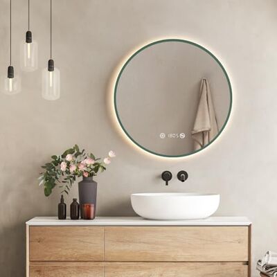 EMKE Runder LED-Badezimmerspiegel, Ø 60 cm, dunkelgrün, beschlagfrei, mit Zeit- und Temperaturanzeige, neutrales Licht, einstellbare Intensität, Badspiegel mit Beleuchtung, IP44 EMKE Runder LED-Badezimmerspiegel, Ø 60 cm, dunkelgrün, beschlagfrei, mit Zeit- und Temperaturanzeige, neutrales Licht, einstellbare Intensität, Badspiegel mit Beleuchtung, IP44