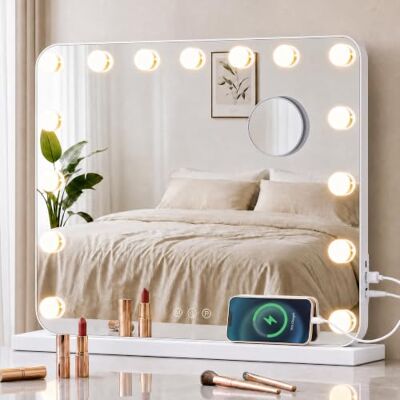 SONGMICS Hollywood Schminkspiegel mit Beleuchtung, 15 LEDs, Dimmbar Kosmetikspiegel, 10-fach Vergrößerung, 3 Lichtfarben, 48 x 58 x 5,7 cm, Mattweiss, BERIT Kollektion LWM321WC02 SONGMICS Hollywood Schminkspiegel mit Beleuchtung, 15 LEDs, Dimmbar Kosmetikspiegel, 10-fach Vergrößerung, 3 Lichtfarben, 48 x 58 x 5,7 cm, Mattweiss, BERIT Kollektion LWM321WC02