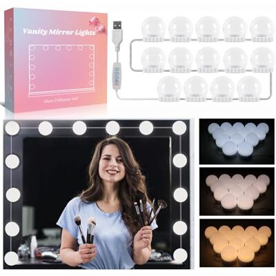 Akynite Spiegelleuchte Hollywood 14 LED Birnes, 3 Farbwechsel und 10 Helligkeit, Spiegellampe USB mit Schalter und Kabel, Schminktisch Beleuchtung Dimmbar, DIY Licht für Kosmetikspiegel Bad Akynite Spiegelleuchte Hollywood 14 LED Birnes, 3 Farbwechsel und 10 Helligkeit, Spiegellampe USB mit Schalter und Kabel, Schminktisch Beleuchtung Dimmbar, DIY Licht für Kosmetikspiegel Bad