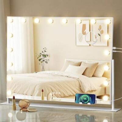 SONGMICS Hollywood Schminktischspiegel, mit Beleuchtung, 80 x 13 x 64.5 cm Kosmetikspiegel, Touch-Steuerung, 3 Lichtfarben, dimmbar, Handyhalter, Mattweiss, BERIT Kollektion LWM003WC02 SONGMICS Hollywood Schminktischspiegel, mit Beleuchtung, 80 x 13 x 64.5 cm Kosmetikspiegel, Touch-Steuerung, 3 Lichtfarben, dimmbar, Handyhalter, Mattweiss, BERIT Kollektion LWM003WC02