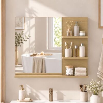 kleankin Badezimmerspiegel zur Wandmontage mit 3 Ablagen, Eichefarben Moderner Make-up-Spiegel kleankin Badezimmerspiegel zur Wandmontage mit 3 Ablagen, Eichefarben Moderner Make-up-Spiegel