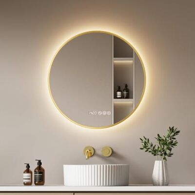 EMKE LED Badspiegel Rund 60cm, Goldrahmen, 3 Lichtfarben Runder Spiegel mit Beleuchtung, Badezimmerspiegel mit Touch, Antibeschlag, Dimmbar, Uhr, Temperatur, Memory-Funktion, EMKE LED Badspiegel Rund 60cm, Goldrahmen, 3 Lichtfarben Runder Spiegel mit Beleuchtung, Badezimmerspiegel mit Touch, Antibeschlag, Dimmbar, Uhr, Temperatur, Memory-Funktion,