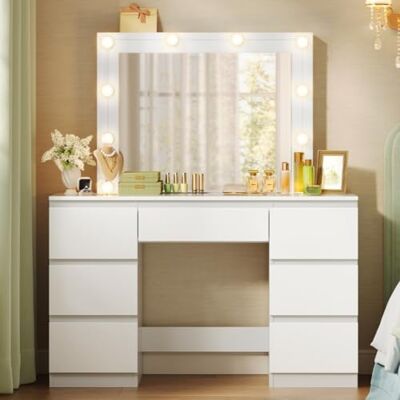 WOLTU Schminktisch mit Beleuchtung Hollywood, 7 Schubladen Mit Spiegel und 10 Lampen, Helligkeit Einstellbar, Frisiertisch 107 cm, Moderne Möbel für Schlafzimmer, aus Holz, Weiß WOLTU Schminktisch mit Beleuchtung Hollywood, 7 Schubladen Mit Spiegel und 10 Lampen, Helligkeit Einstellbar, Frisiertisch 107 cm, Moderne Möbel für Schlafzimmer, aus Holz, Weiß
