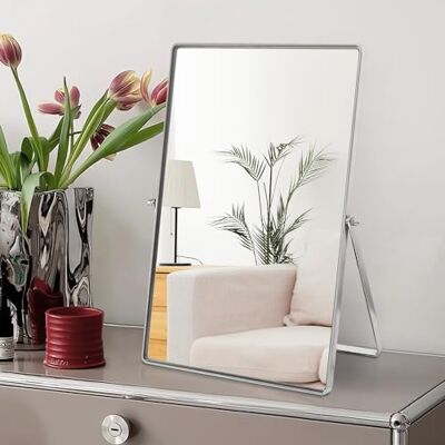 Numjeg Make-up-Schminkspiegel, tragbarer Schreibtischspiegel mit Metallständer, verstellbar, um 90° drehbar, für Ankleidezimmer, Schlafzimmer, Badezimmer, Tischplatte, quadratisch, silberfarben Numjeg Make-up-Schminkspiegel, tragbarer Schreibtischspiegel mit Metallständer, verstellbar, um 90° drehbar, für Ankleidezimmer, Schlafzimmer, Badezimmer, Tischplatte, quadratisch, silberfarben