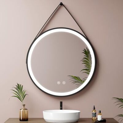 EMKE Runder Badezimmerspiegel, 60 cm, runder Wandspiegel mit Licht, Touch-Schalter und Antibeschlagfunktion, kaltweißes Licht 6500 K, schwarzer Rahmen und Verstellbarer Gurt EMKE Runder Badezimmerspiegel, 60 cm, runder Wandspiegel mit Licht, Touch-Schalter und Antibeschlagfunktion, kaltweißes Licht 6500 K, schwarzer Rahmen und Verstellbarer Gurt