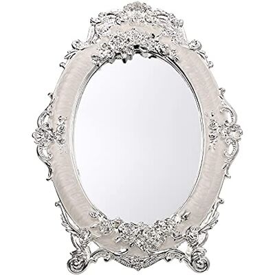 JUXYES Kleiner Tischspiegel, Vintage-Stil, Metall, Schreibtischspiegel mit Ständer, antike geprägte Rosen, Arbeitsplatte, Make-up-Spiegel, oval, kosmetisch, dekorative Spiegel für Tischaufsätze JUXYES Kleiner Tischspiegel, Vintage-Stil, Metall, Schreibtischspiegel mit Ständer, antike geprägte Rosen, Arbeitsplatte, Make-up-Spiegel, oval, kosmetisch, dekorative Spiegel für Tischaufsätze