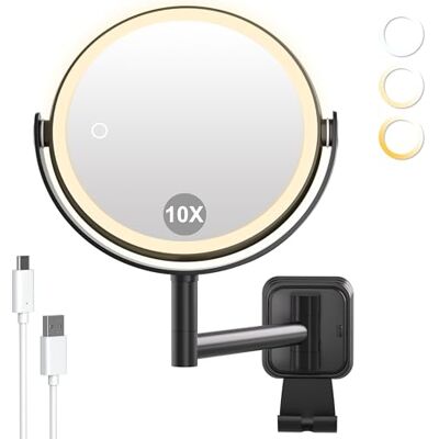AIMAX Kosmetikspiegel mit Beleuchtung, 2000mAh Wiederaufladbarer Wandspiegel mit 1X & 10X Vergrößerung, Dimmbarer mit 3 Farbtemperaturen, 360° Drehbar für Rasur & Make-up im Badezimmer, Platzsparend AIMAX Kosmetikspiegel mit Beleuchtung, 2000mAh Wiederaufladbarer Wandspiegel mit 1X & 10X Vergrößerung, Dimmbarer mit 3 Farbtemperaturen, 360° Drehbar für Rasur & Make-up im Badezimmer, Platzsparend