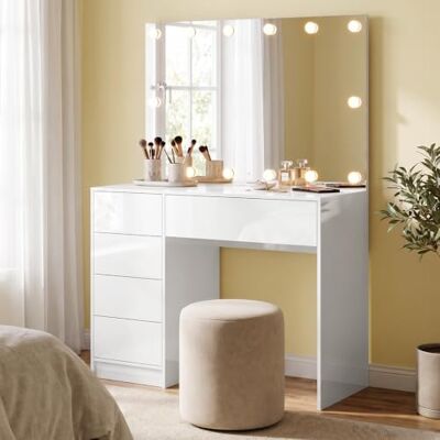 Bellamio Livny Schminktisch mit Hollywood Spiegel, LED, 5 Schubladen, Weiß Kosmetiktisch mit Beleuchtung, Frisiertisch, 3 Farbstufen, Touch-Sensor, 110x80x53 cm, Make Up Tisch, großer Schminkplatz Bellamio Livny Schminktisch mit Hollywood Spiegel, LED, 5 Schubladen, Weiß Kosmetiktisch mit Beleuchtung, Frisiertisch, 3 Farbstufen, Touch-Sensor, 110x80x53 cm, Make Up Tisch, großer Schminkplatz