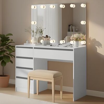 Bellamio Nore Schminktisch Weiß, Hollywood Spiegel, LED-Glühbirnen, Touch Kosmetiktisch, großer Frisiertisch 110x77x53 cm, Make Up Tisch, 5 Schubladen, 3 Farbstufen, Touch-Sensor, LED-Beleuchtung Bellamio Nore Schminktisch Weiß, Hollywood Spiegel, LED-Glühbirnen, Touch Kosmetiktisch, großer Frisiertisch 110x77x53 cm, Make Up Tisch, 5 Schubladen, 3 Farbstufen, Touch-Sensor, LED-Beleuchtung