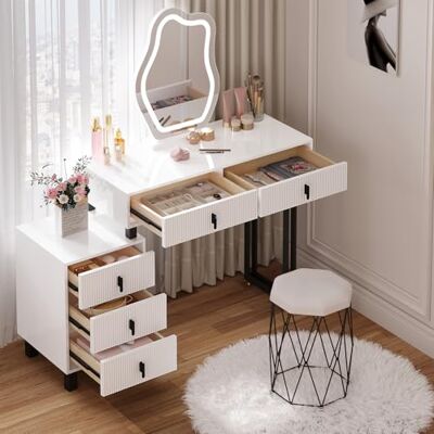 WOLTU Schminktisch mit Beleuchtung, Wolken-Spiegel, Hocker, Moderner Design Frisiertisch mit Hochglanzplatte 110x40 cm, 5 Massivholz-Schubladen, 1 Kommode, Flexible Montage, Modern, Weiß + Schwarz WOLTU Schminktisch mit Beleuchtung, Wolken-Spiegel, Hocker, Moderner Design Frisiertisch mit Hochglanzplatte 110x40 cm, 5 Massivholz-Schubladen, 1 Kommode, Flexible Montage, Modern, Weiß + Schwarz