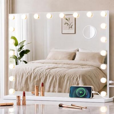 SONGMICS Hollywood Schminkspiegel mit Beleuchtung, 15 LEDs Kosmetikspiegel für Schminktisch, 3 Lichtfarben, Dimmbar, 10-Fach Vergrößerung, USB-Anschluss, 62 x 90 x 5,7 cm, Mattweiss, LWM229WC02 SONGMICS Hollywood Schminkspiegel mit Beleuchtung, 15 LEDs Kosmetikspiegel für Schminktisch, 3 Lichtfarben, Dimmbar, 10-Fach Vergrößerung, USB-Anschluss, 62 x 90 x 5,7 cm, Mattweiss, LWM229WC02