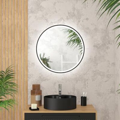 AURLANE Badezimmerspiegel, rund, mit LED-Beleuchtung und schwarzem Rand, Durchmesser 60 cm, GO Black LED AURLANE Badezimmerspiegel, rund, mit LED-Beleuchtung und schwarzem Rand, Durchmesser 60 cm, GO Black LED