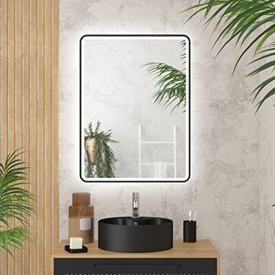 AURLANE Go Black LED Badezimmerspiegel mit LED-Beleuchtung und schwarzem Rand – 60 x 80 cm AURLANE Go Black LED Badezimmerspiegel mit LED-Beleuchtung und schwarzem Rand – 60 x 80 cm