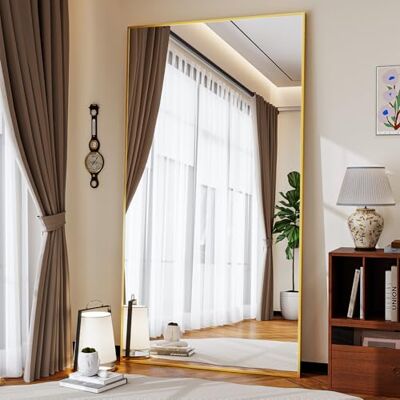 Koonmi Ganzkörperspiegel 89 x 198 cm Gold, Aluminiumrahmen mit Ständer mit Ständer, zum Anlehnen oder Aufhängen, Aluminiumrahmen, Sicherheitsglas für Schlafraum, Ankleide, Wohnzimmer und Flur Koonmi Ganzkörperspiegel 89 x 198 cm Gold, Aluminiumrahmen mit Ständer mit Ständer, zum Anlehnen oder Aufhängen, Aluminiumrahmen, Sicherheitsglas für Schlafraum, Ankleide, Wohnzimmer und Flur