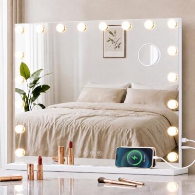 SONGMICS Hollywood Schminkspiegel mit Beleuchtung, 18 LEDs, Dimmbar Kosmetikspiegel, 10-fach Vergrößerung, 3 Lichtfarben, 62 x 80 x 5,7 cm, Mattweiss, BERIT Kollektion LWM223WC02 SONGMICS Hollywood Schminkspiegel mit Beleuchtung, 18 LEDs, Dimmbar Kosmetikspiegel, 10-fach Vergrößerung, 3 Lichtfarben, 62 x 80 x 5,7 cm, Mattweiss, BERIT Kollektion LWM223WC02
