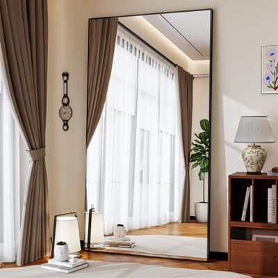 Koonmi Ganzkörperspiegel 89 x 198 cm Schwarz, Aluminiumrahmen mit Ständer mit Ständer, zum Anlehnen oder Aufhängen, Aluminiumrahmen, Sicherheitsglas für Schlafraum, Ankleide, Wohnzimmer und Flur Koonmi Ganzkörperspiegel 89 x 198 cm Schwarz, Aluminiumrahmen mit Ständer mit Ständer, zum Anlehnen oder Aufhängen, Aluminiumrahmen, Sicherheitsglas für Schlafraum, Ankleide, Wohnzimmer und Flur