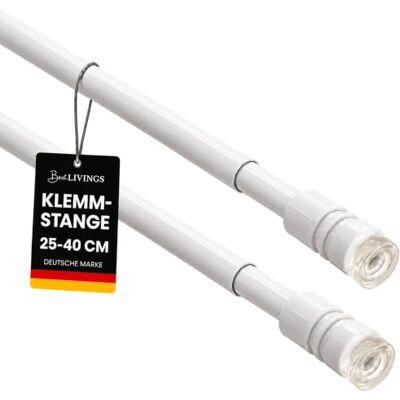 Bestlivings Klemmstange Gardinenstange ohne Bohren, Weiß, 25-40 cm 2er-Set, Ø10 mm Metall-Spannstange mit Gummipuffer, stufenlos ausziehbar, bis 1 kg belastbar, für Scheiben- & Bistrogardinen Bestlivings Klemmstange Gardinenstange ohne Bohren, Weiß, 25-40 cm 2er-Set, Ø10 mm Metall-Spannstange mit Gummipuffer, stufenlos ausziehbar, bis 1 kg belastbar, für Scheiben- & Bistrogardinen