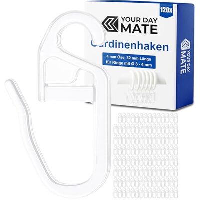 Your Day Mate Vorhanghaken für Gardinen Ringe, 120 Stück, mit Ø 4 mm Öse, für Gardinenringe mit 3 bis 4 mm, in Transparent, Gardinenringe Haken zum Einhängen, Faltenlegehaken für Vorhangringe, Vorhang Haken Clip Your Day Mate Vorhanghaken für Gardinen Ringe, 120 Stück, mit Ø 4 mm Öse, für Gardinenringe mit 3 bis 4 mm, in Transparent, Gardinenringe Haken zum Einhängen, Faltenlegehaken für Vorhangringe, Vorhang Haken Clip