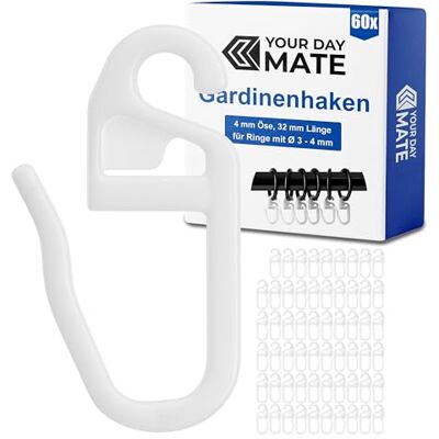Your Day Mate Vorhanghaken für Gardinen Ringe, 60 Stück, mit Ø 4 mm Öse, für Gardinenringe mit 3 bis 4 mm, in Weiß, Gardinenringe Haken zum Einhängen, Faltenlegehaken für Vorhangringe, Vorhang Haken Clip Set Your Day Mate Vorhanghaken für Gardinen Ringe, 60 Stück, mit Ø 4 mm Öse, für Gardinenringe mit 3 bis 4 mm, in Weiß, Gardinenringe Haken zum Einhängen, Faltenlegehaken für Vorhangringe, Vorhang Haken Clip Set