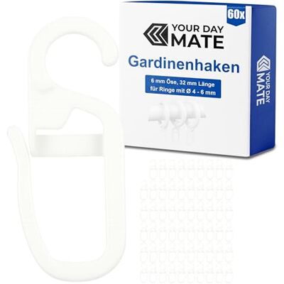 Your Day Mate Vorhanghaken für Gardinen Ringe, 60 Stück, mit Ø 6 mm Öse, für Gardinenringe mit 4 bis 6 mm, in Weiß, Gardinenringe Haken zum Einhängen, Faltenlegehaken für Vorhangringe, Vorhang Haken Clip Set Your Day Mate Vorhanghaken für Gardinen Ringe, 60 Stück, mit Ø 6 mm Öse, für Gardinenringe mit 4 bis 6 mm, in Weiß, Gardinenringe Haken zum Einhängen, Faltenlegehaken für Vorhangringe, Vorhang Haken Clip Set