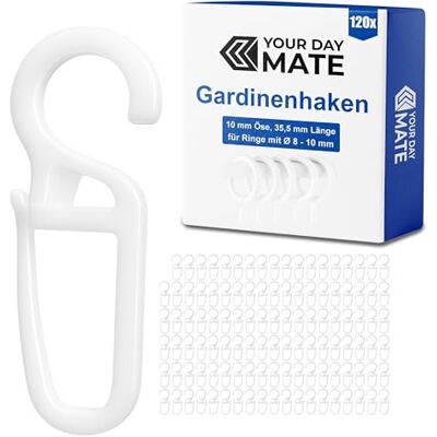 Your Day Mate Vorhanghaken für Gardinen Ringe, 120 Stück, mit Ø 10 mm Öse, für Gardinenringe mit 8 bis 10 mm, in Weiß, Gardinenringe Haken zum Einhängen, Faltenlegehaken für Vorhangringe, Vorhang Haken Clip Set Your Day Mate Vorhanghaken für Gardinen Ringe, 120 Stück, mit Ø 10 mm Öse, für Gardinenringe mit 8 bis 10 mm, in Weiß, Gardinenringe Haken zum Einhängen, Faltenlegehaken für Vorhangringe, Vorhang Haken Clip Set