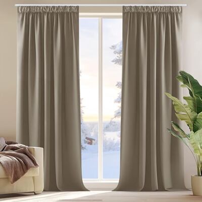 Deconovo Verdunkelungsvorhang Kräuselband Blackout Curtain Blickdicht Taupe 2er Set, H 180 x B 140 cm, Thermovorhang Hitzeschutz, Wohnzimmer Gardinen, Curtains for Bedroom, für Schienen, Sichtschutz Deconovo Verdunkelungsvorhang Kräuselband Blackout Curtain Blickdicht Taupe 2er Set, H 180 x B 140 cm, Thermovorhang Hitzeschutz, Wohnzimmer Gardinen, Curtains for Bedroom, für Schienen, Sichtschutz