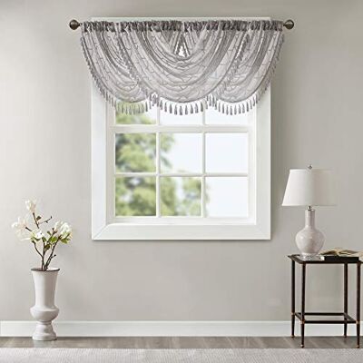 Madison Park Irina Diamond Sheer Embroidered Ascot Grey Window Valance, Elegant Pattern Rod Pocket Valances for Windows, 38" W X 46" L, Gray Madison Park Irina Diamond Sheer Embroidered Ascot Grey Window Valance, Elegant Pattern Rod Pocket Valances for Windows, 38" W X 46" L, Gray