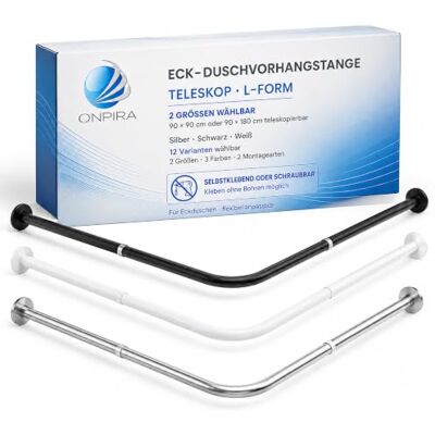 ONPIRA ® Eck-Duschvorhangstange Teleskop L-Form 90–180 cm – Edelstahl, selbstklebend oder schraubbar – Ohne Bohren – In Silber, Schwarz, Weiß – 12 Varianten wählbar (Selbstklebend Weiß, 90x90cm) ONPIRA ® Eck-Duschvorhangstange Teleskop L-Form 90–180 cm – Edelstahl, selbstklebend oder schraubbar – Ohne Bohren – In Silber, Schwarz, Weiß – 12 Varianten wählbar (Selbstklebend Weiß, 90x90cm)