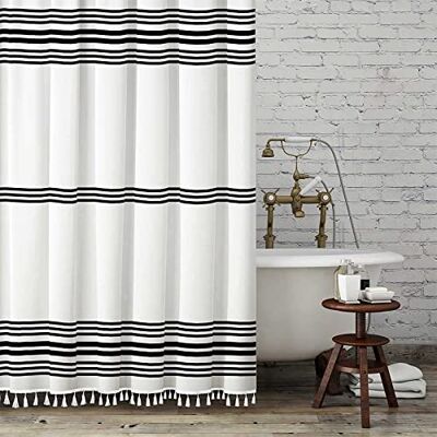 Seasonwood Duschvorhang, modern, Bauernhaus-Duschvorhang, Quaste, extralang, wasserdicht, 183 x 236 cm, Schwarz und Weiß Seasonwood Duschvorhang, modern, Bauernhaus-Duschvorhang, Quaste, extralang, wasserdicht, 183 x 236 cm, Schwarz und Weiß