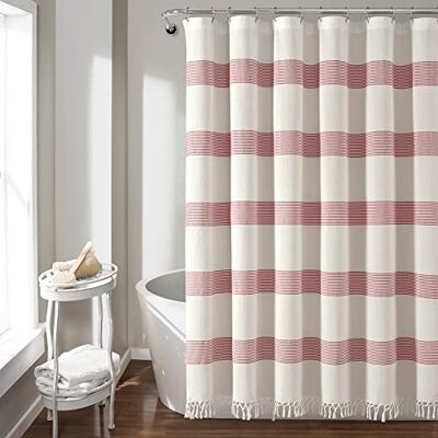 Lush Decor Tucker Stripe Duschvorhang aus Baumwolle, geknotet, 183 x 183 cm, Weiß/Rot Lush Decor Tucker Stripe Duschvorhang aus Baumwolle, geknotet, 183 x 183 cm, Weiß/Rot