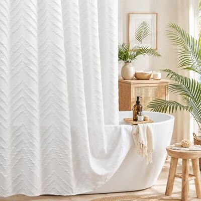 TURKIO Duschvorhang, Boho-Stoff, modern, Shabby-Chic, strukturiert, getuftet, Chevron, gestreift, minimalistisch, 183 x 183 cm, Weiß TURKIO Duschvorhang, Boho-Stoff, modern, Shabby-Chic, strukturiert, getuftet, Chevron, gestreift, minimalistisch, 183 x 183 cm, Weiß
