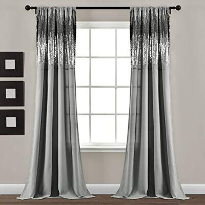 Lush Decor Schimmernde Pailletten-Fenstervorhang, 213 cm L x 106 cm B, Dunkelgrau & Schwarz Lush Decor Schimmernde Pailletten-Fenstervorhang, 213 cm L x 106 cm B, Dunkelgrau & Schwarz