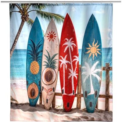 WENKO Duschvorhang 180 x 200 cm Mod. Louros, mit Surfbrett-Motiv, waschbar, mit Gewicht, wasserabweisend, Metallösen, inkl. 12 Duschvorhanginge, Duschvorhang aus Stoff WENKO Duschvorhang 180 x 200 cm Mod. Louros, mit Surfbrett-Motiv, waschbar, mit Gewicht, wasserabweisend, Metallösen, inkl. 12 Duschvorhanginge, Duschvorhang aus Stoff