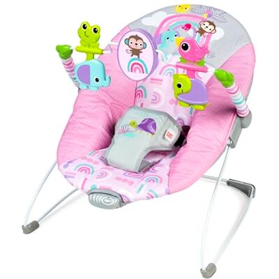 Bright Starts , Pink Paradise Tragbare Babywippe Babyschaukel mit vibrierendem Sitz und Spielzeugstange, Max. Gewicht 9 kg, Alter 0-6 Monate Bright Starts , Pink Paradise Tragbare Babywippe Babyschaukel mit vibrierendem Sitz und Spielzeugstange, Max. Gewicht 9 kg, Alter 0-6 Monate