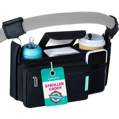 Swanoo Rutschfester Kinderwagen-Organizer mit Becherhaltern, Exklusivschlaufen-Griffbügel. Universale Passform Kinderwagenzubehör Caddy Elternkonsole Swanoo Rutschfester Kinderwagen-Organizer mit Becherhaltern, Exklusivschlaufen-Griffbügel. Universale Passform Kinderwagenzubehör Caddy Elternkonsole