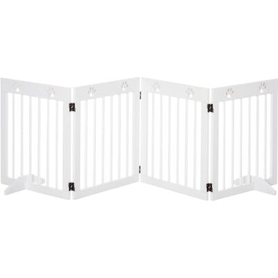 PawHut Absperrgitter Hund 4-teilig, 204 x 61 cm Faltbar Türschutzgitter mit 2 Stützfüßen, Freistehend Hundegitter, Treppengitter aus Holz für Flur, Treppe, Weiß PawHut Absperrgitter Hund 4-teilig, 204 x 61 cm Faltbar Türschutzgitter mit 2 Stützfüßen, Freistehend Hundegitter, Treppengitter aus Holz für Flur, Treppe, Weiß