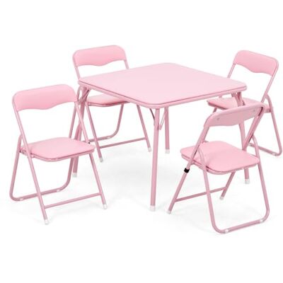 Hapterouse Kinder-Klapptisch-Set 5-teilig Metallrahmen Gepolstert Pink Gepolsterte Stühle, abgerundete Ecken, kompakt verstaubar, Essbereich Hapterouse Kinder-Klapptisch-Set 5-teilig Metallrahmen Gepolstert Pink Gepolsterte Stühle, abgerundete Ecken, kompakt verstaubar, Essbereich