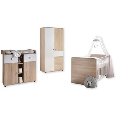 Stella Trading WIKI Babyzimmer Komplett-Set 3-teilig in Eiche Sonoma Optik und Weiß Möbel-Set für das Babyzimmer bestehend aus Kleiderschrank, Babybett und Wickelkommode, viel Stauraum, runde Griffe Stella Trading WIKI Babyzimmer Komplett-Set 3-teilig in Eiche Sonoma Optik und Weiß Möbel-Set für das Babyzimmer bestehend aus Kleiderschrank, Babybett und Wickelkommode, viel Stauraum, runde Griffe