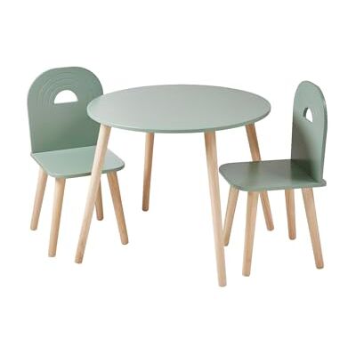 Vertbaudet Set aus Stühlen und Tisch aus Holz, Regenbogenlinie, Salbeigrün Vertbaudet Set aus Stühlen und Tisch aus Holz, Regenbogenlinie, Salbeigrün
