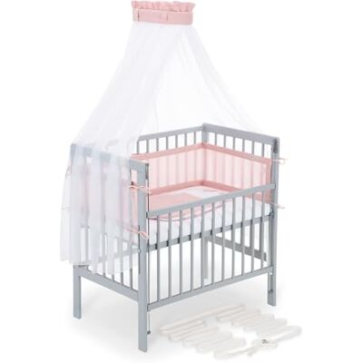 FabiMax Boxspring Baby Beistellbett Flex 90x55, aus Buchenholz grau lackiert, mit innovativem verstellbarem Seitengitter, passend für Boxspringbetten (Matratze Classic, Komplettset Rosa) FabiMax Boxspring Baby Beistellbett Flex 90x55, aus Buchenholz grau lackiert, mit innovativem verstellbarem Seitengitter, passend für Boxspringbetten (Matratze Classic, Komplettset Rosa)