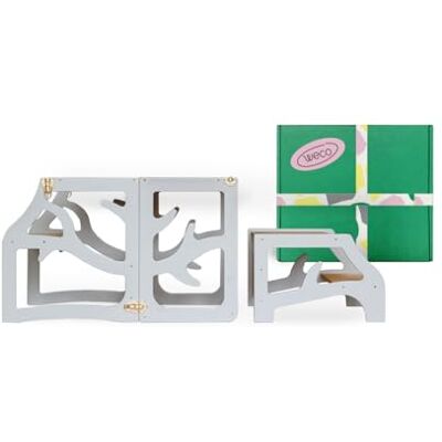 WECO 3-in-1 Kinder Lernturm mit Tisch & Tritthocker, Faltbarer Montessori Küchenhelfer aus Birkenholz, Sicherer Lernturm für Kinder mit Sicherheitsverschluss, 88 cm (Grau) WECO 3-in-1 Kinder Lernturm mit Tisch & Tritthocker, Faltbarer Montessori Küchenhelfer aus Birkenholz, Sicherer Lernturm für Kinder mit Sicherheitsverschluss, 88 cm (Grau)