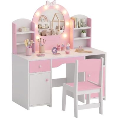 AIYAPLAY Kinder-Schminktisch mit Hocker, Spiegel mit 2 Lichtfarben, Schrank, Schublade und Regalen, für 3-8 Jahre, Rosa AIYAPLAY Kinder-Schminktisch mit Hocker, Spiegel mit 2 Lichtfarben, Schrank, Schublade und Regalen, für 3-8 Jahre, Rosa