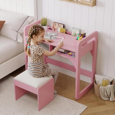 Thaookte Höhenverstellbarer Kinderschreibtisch mit Stuhl Kindertisch mit Stauraum für Mädchen & Jungen, Tischplatte 83 × 46 cm, 3-fach höhenverstellbar 53–64 cm, MDF, 3–8 Jahre, Rosa Thaookte Höhenverstellbarer Kinderschreibtisch mit Stuhl Kindertisch mit Stauraum für Mädchen & Jungen, Tischplatte 83 × 46 cm, 3-fach höhenverstellbar 53–64 cm, MDF, 3–8 Jahre, Rosa